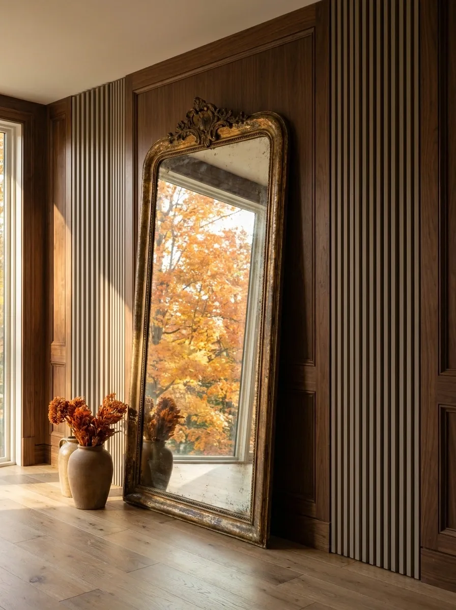Massive Antique French Mirror Reflecting Autumn Foliage
