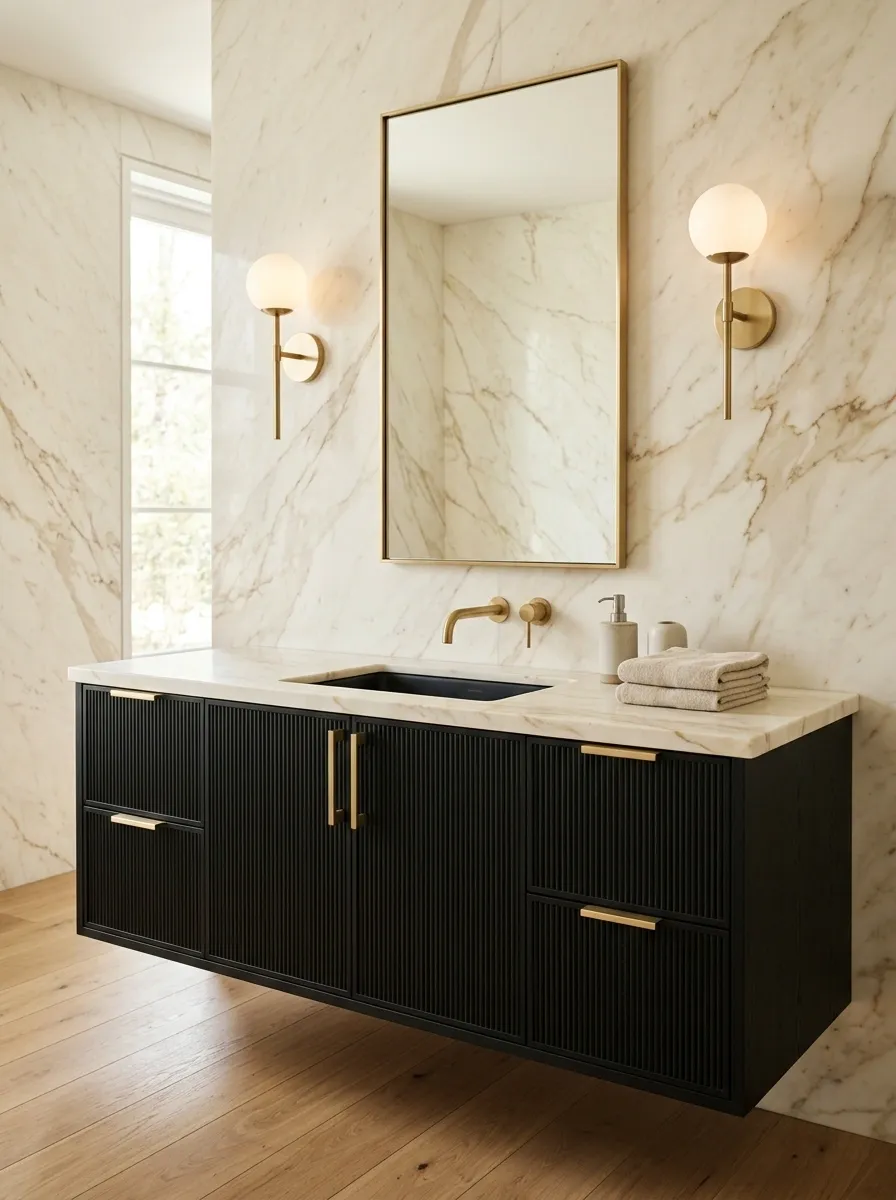 Matte Black Vanity With Brushed Gold Hardware and Warm Marble