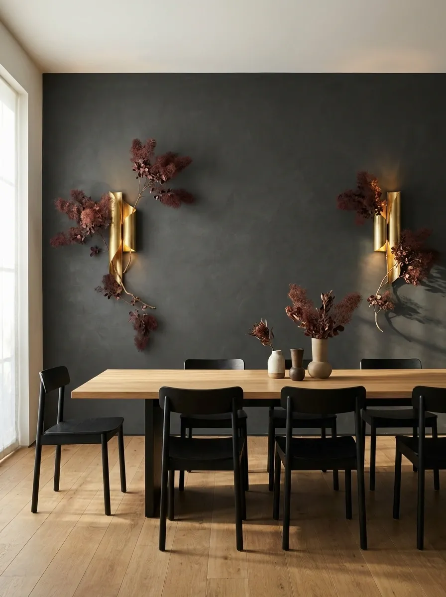 Matte Charcoal Wall with Symmetrical Dried Floral Sconces