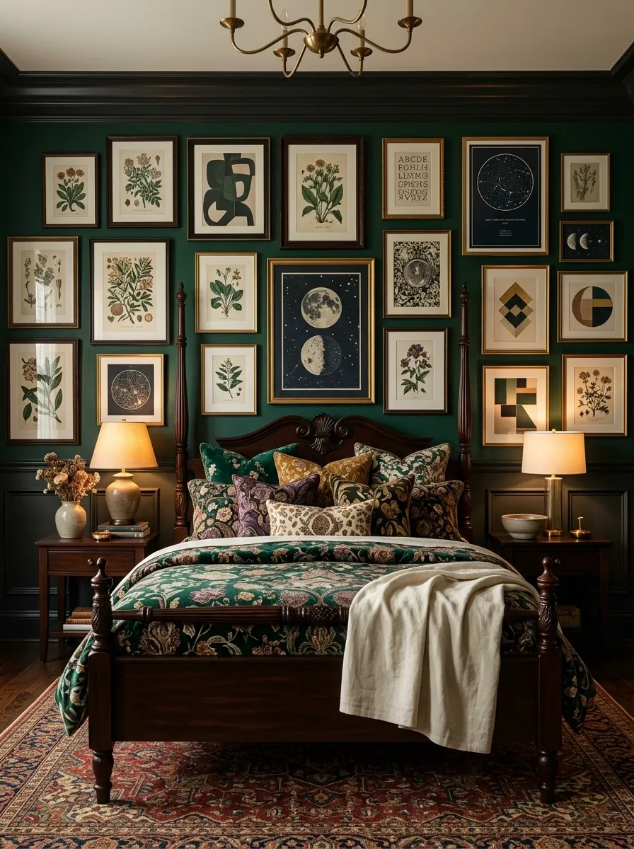 Maximalist Jewel-Tone Bedroom With Dense Poster Art