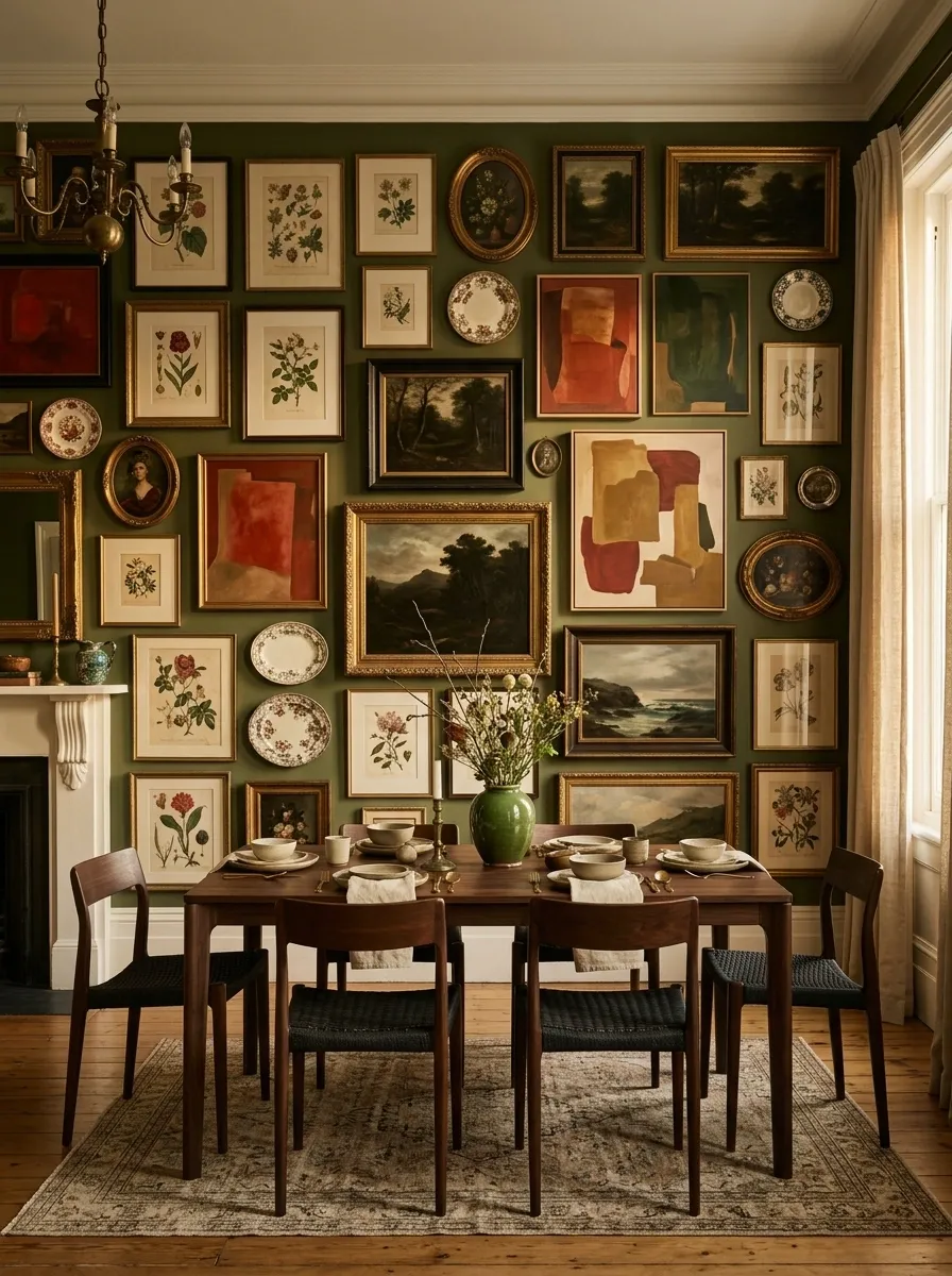 Maximalist Salon Wall in a Colorful Dining Room