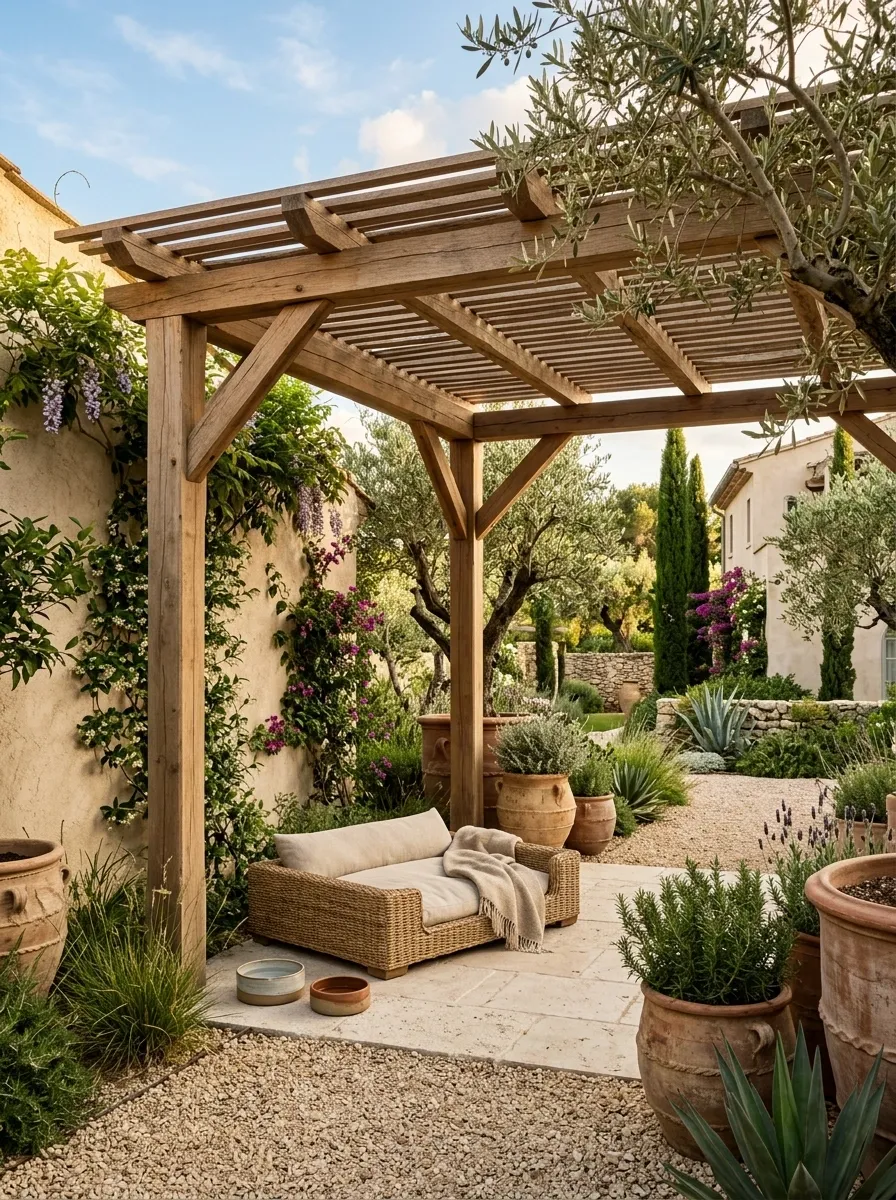 Mediterranean Dog Corner With Gravel, Olive Trees, and Stone