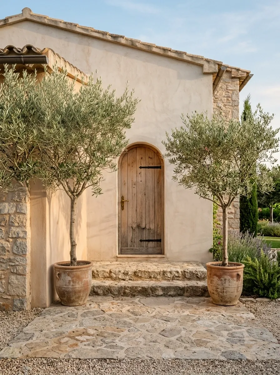 Mediterranean-Inspired Porch With Olive Trees in Pots