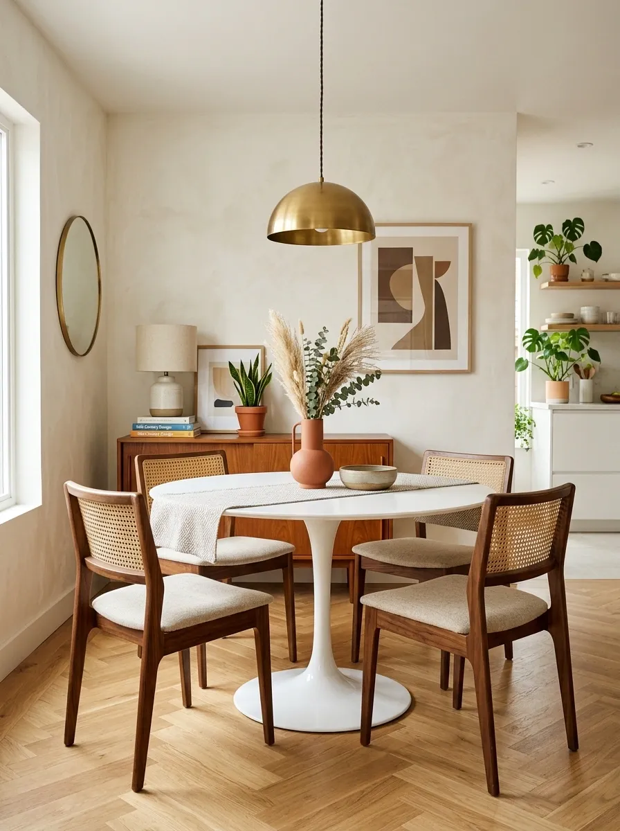 Mid-Century Dining Nook With a Round Tulip-Inspired Table