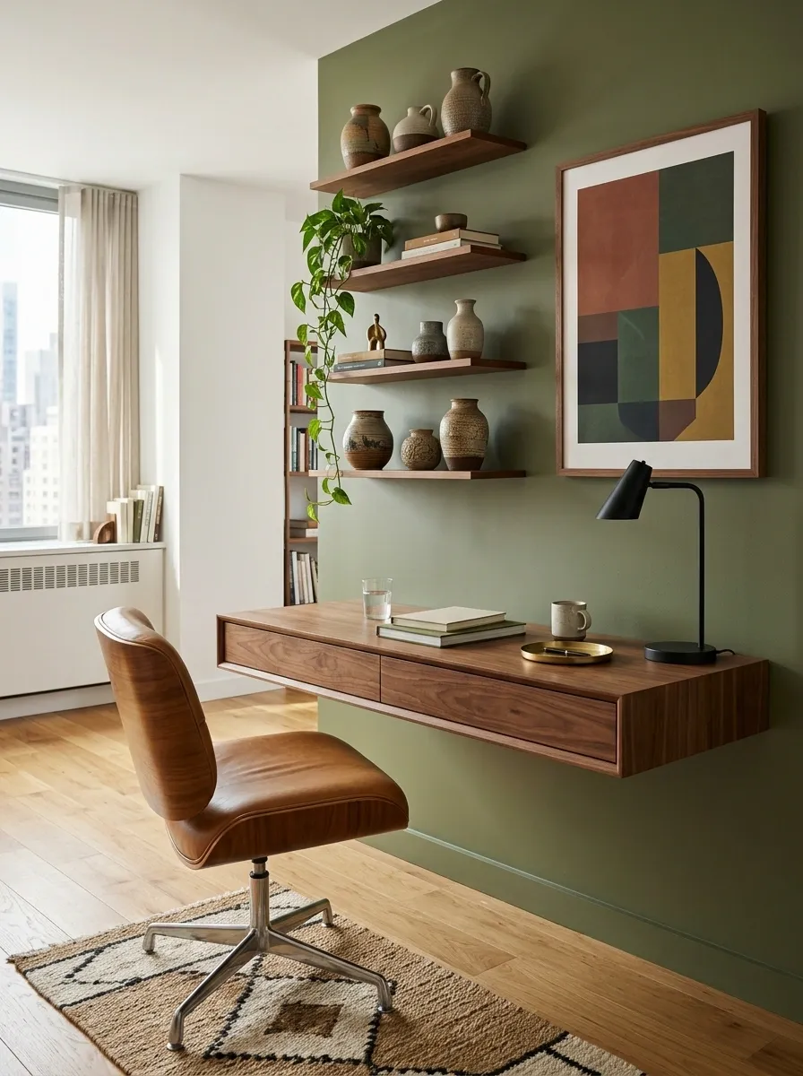 Mid-Century Home Office With a Wall-Mounted Desk