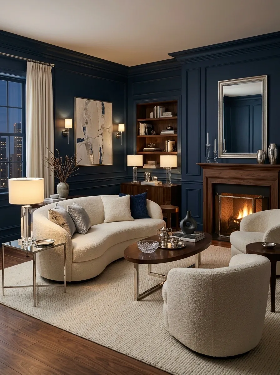 Midnight Blue Sitting Room With Silver Sparkle and Curved Furniture