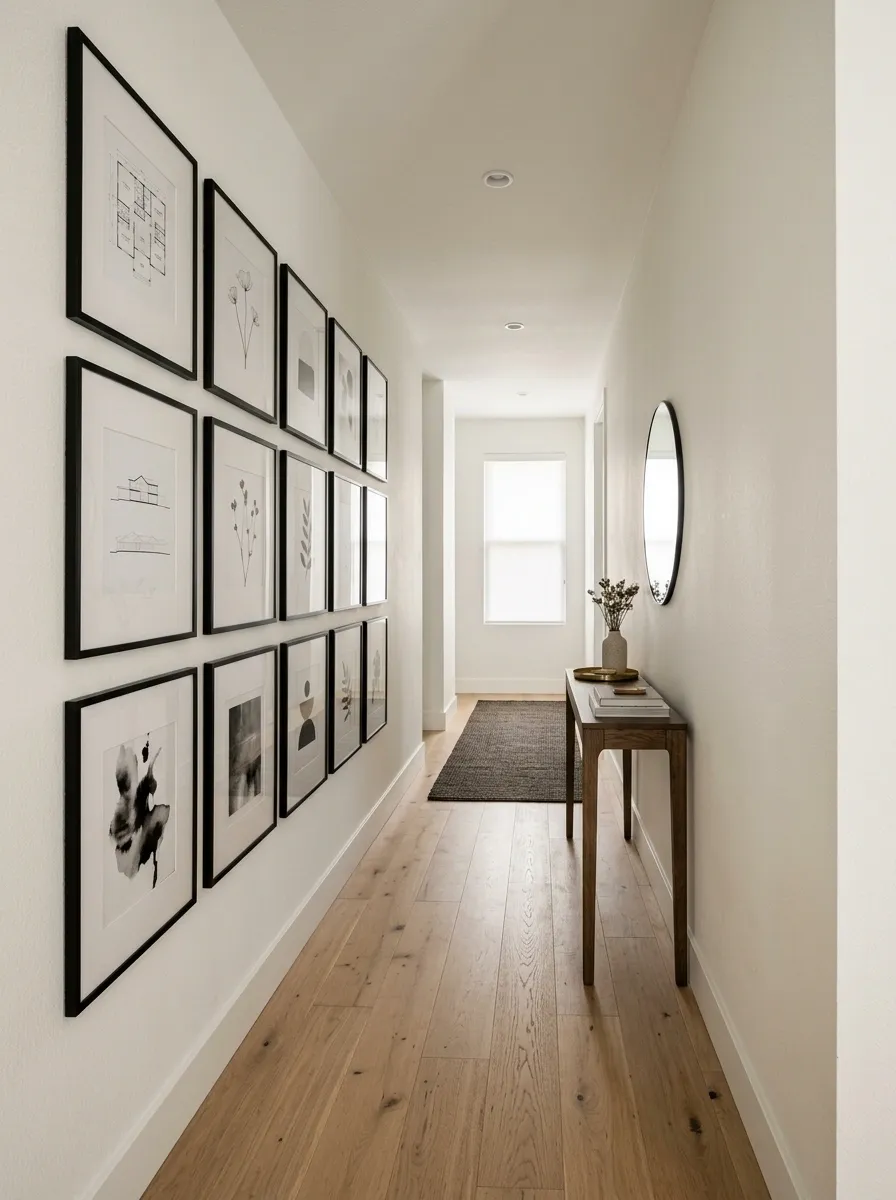 Minimal Black Frame Grid for a Narrow Hallway