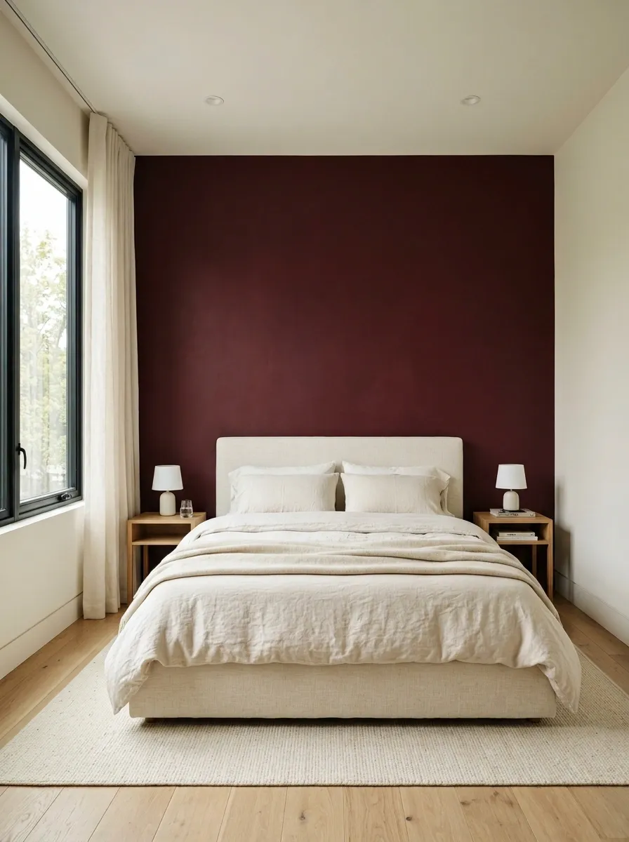 Minimal Burgundy Bedroom With White Oak and Ivory