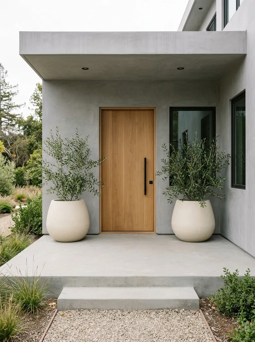 Minimal Concrete Porch With Oversized Rounded Planters