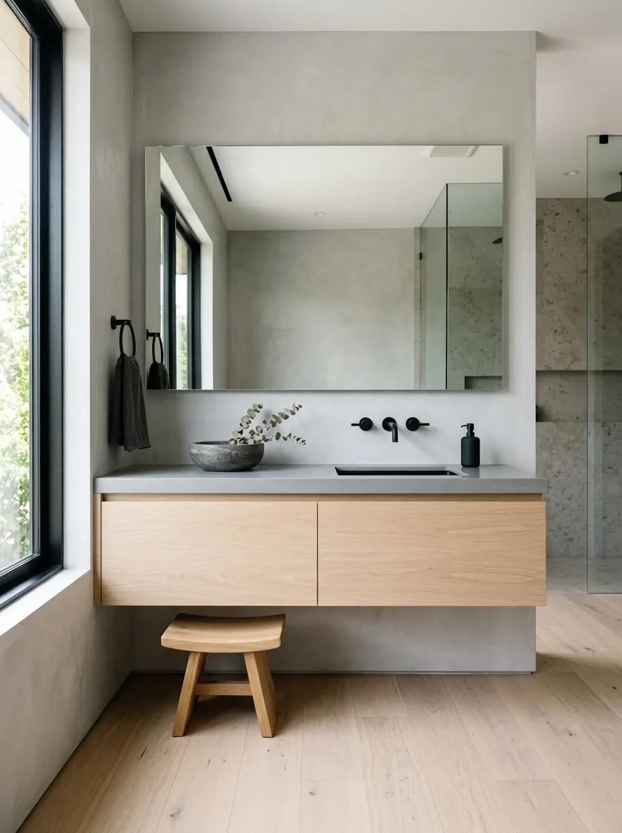 Minimal Oak Vanity With Concrete-Look Countertop