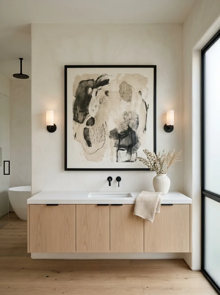 Minimal White Bathroom With Architectural Art