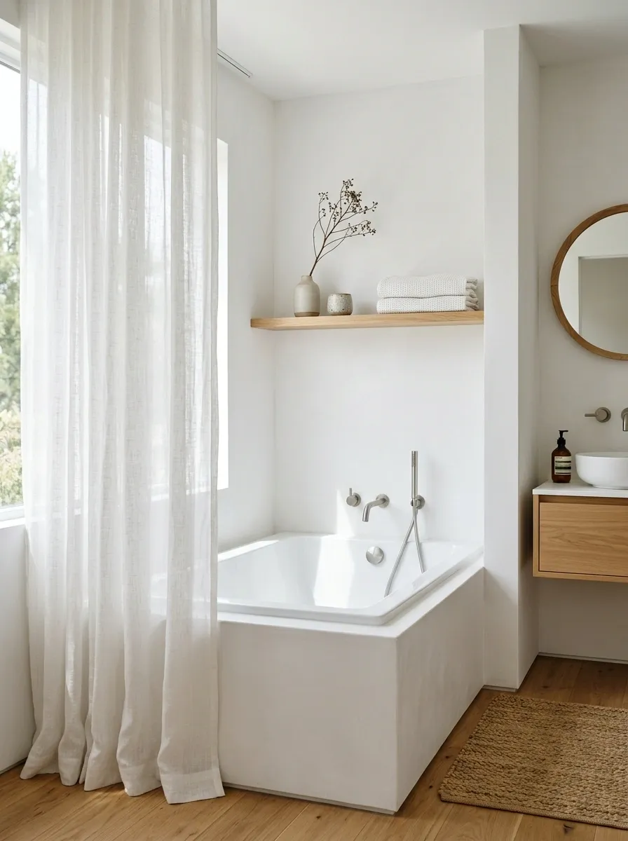 Minimal White Bathroom With Sheer Privacy Curtain