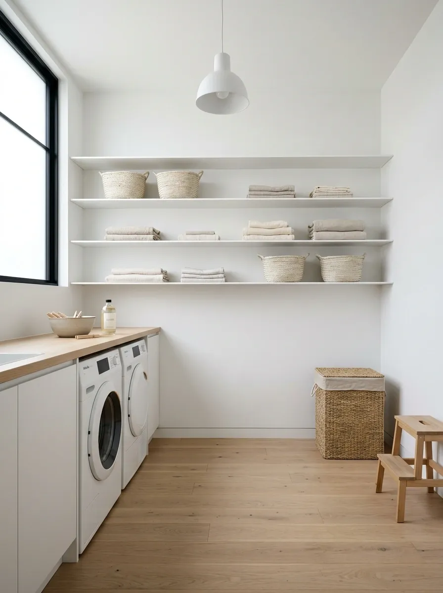Minimal White Laundry Room With Almost Invisible Shelving