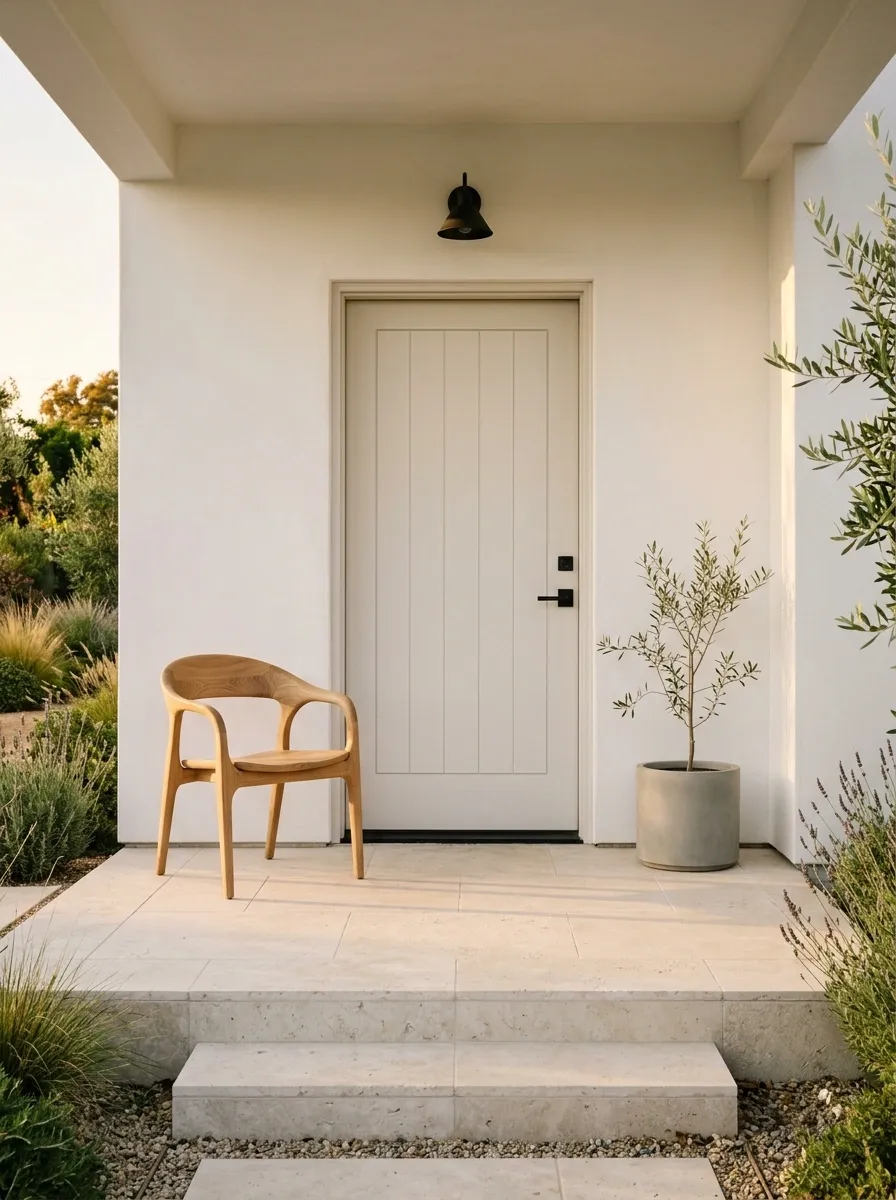 Minimal White Porch With One Sculptural Wooden Chair