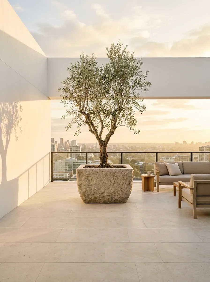 Minimal White Rooftop With a Single Tree as the Focal Point