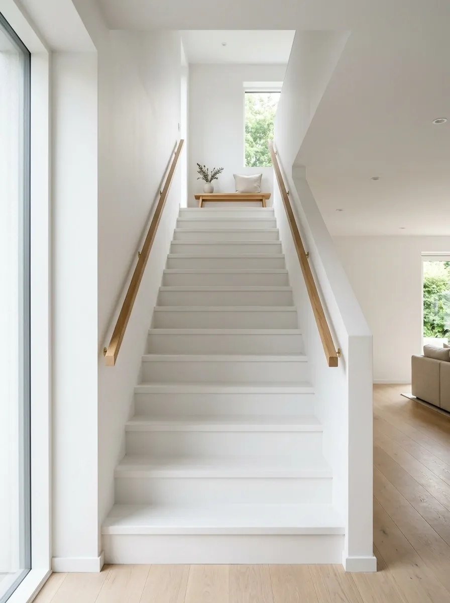 Minimal White Staircase With Warm Oak Handrail