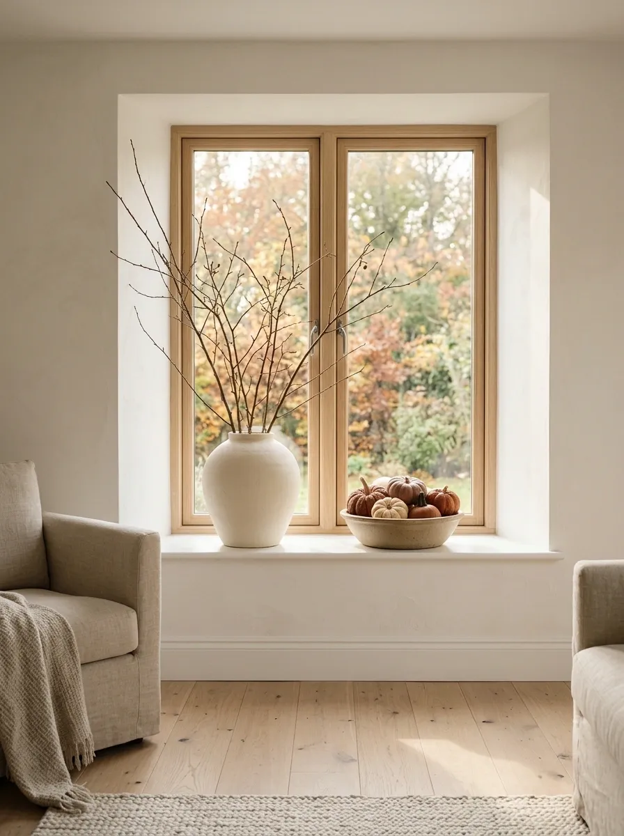 Minimal White Window With One Large Fall Arrangement