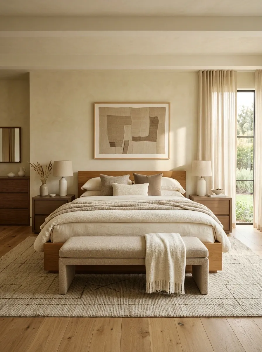 Mix Warm Wood With Soft Bedding for a Less “His or Hers” Look