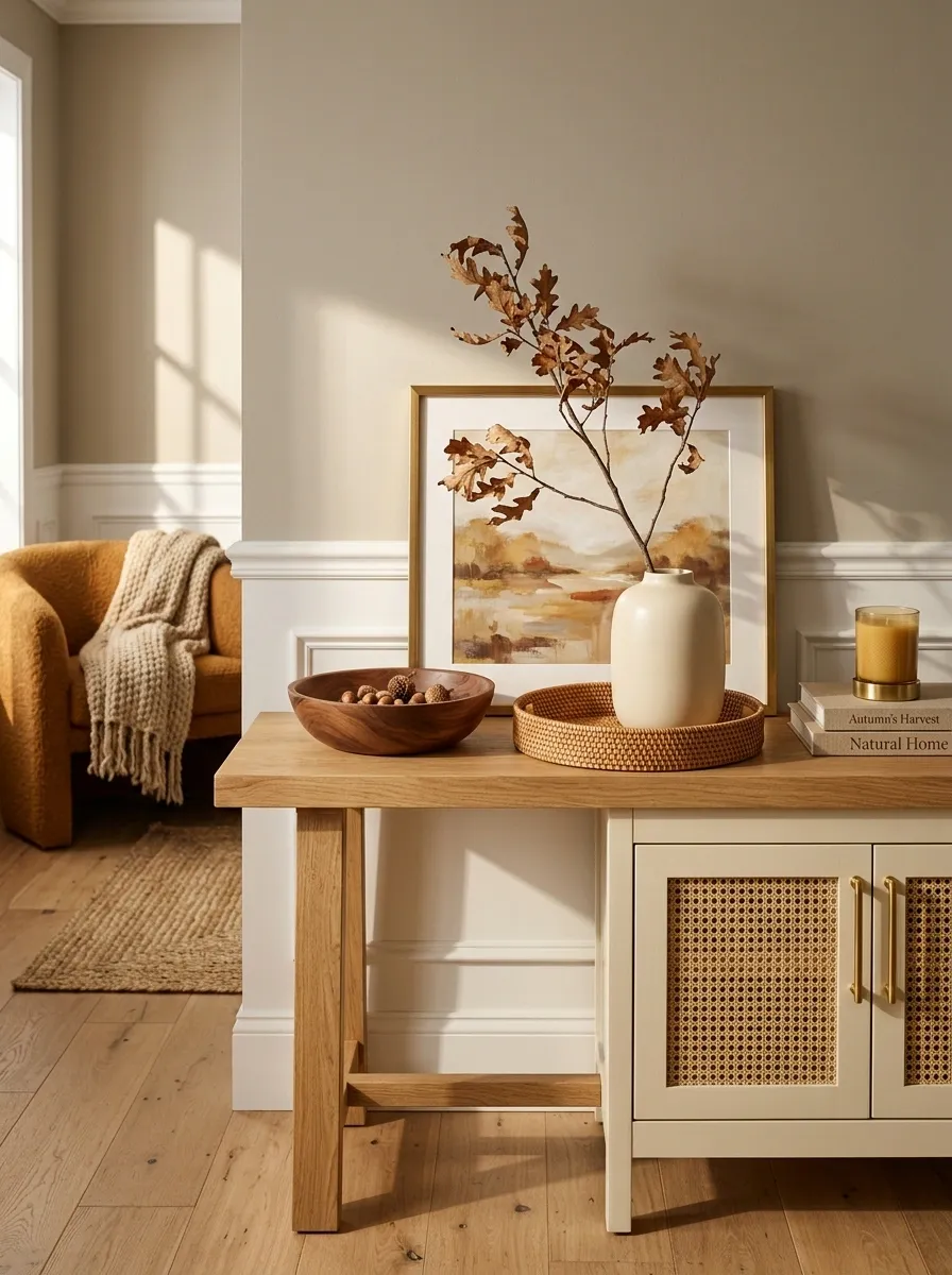 Mix Wood, Woven Texture, and Ceramic for a Warmer Fall Look