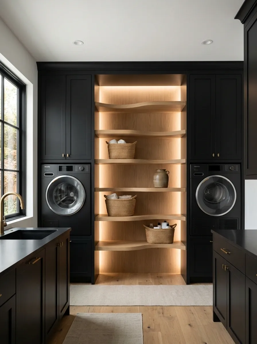 Modern Black-and-Tan Laundry Room With Sculptural Shelves