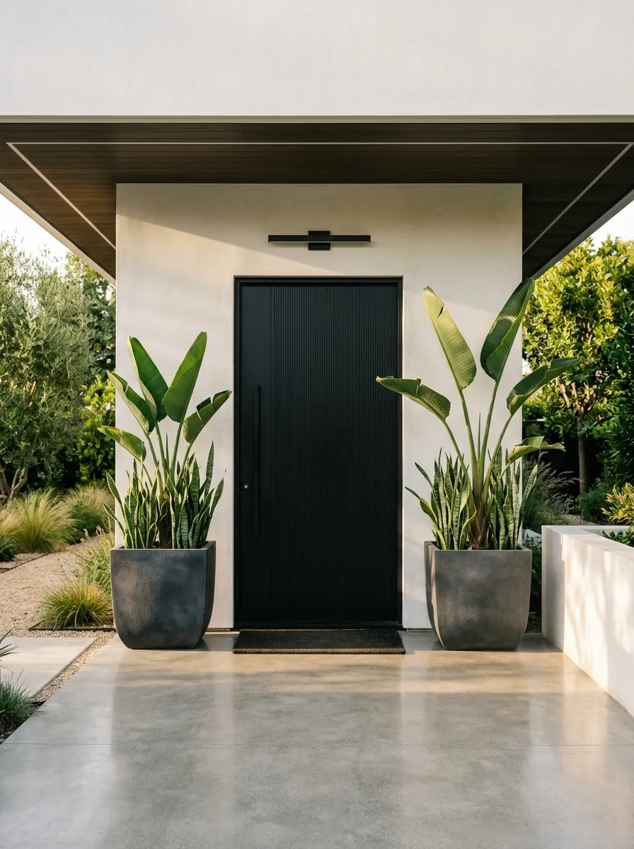 Modern Black-and-White Porch With Sculptural Plants