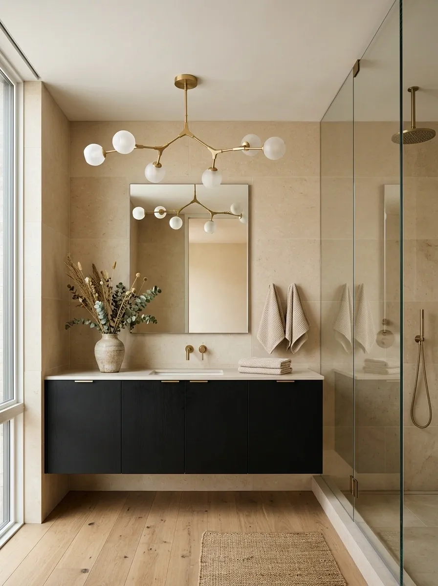 Modern Black Slab Vanity With Sculptural Gold Lighting