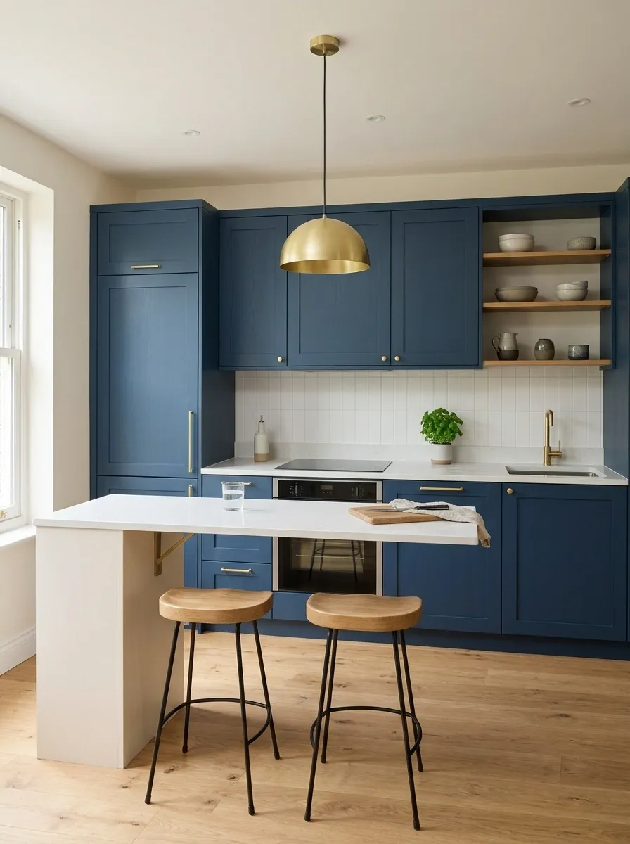 Modern Blue Kitchen With a Slim Floating Counter Extension
