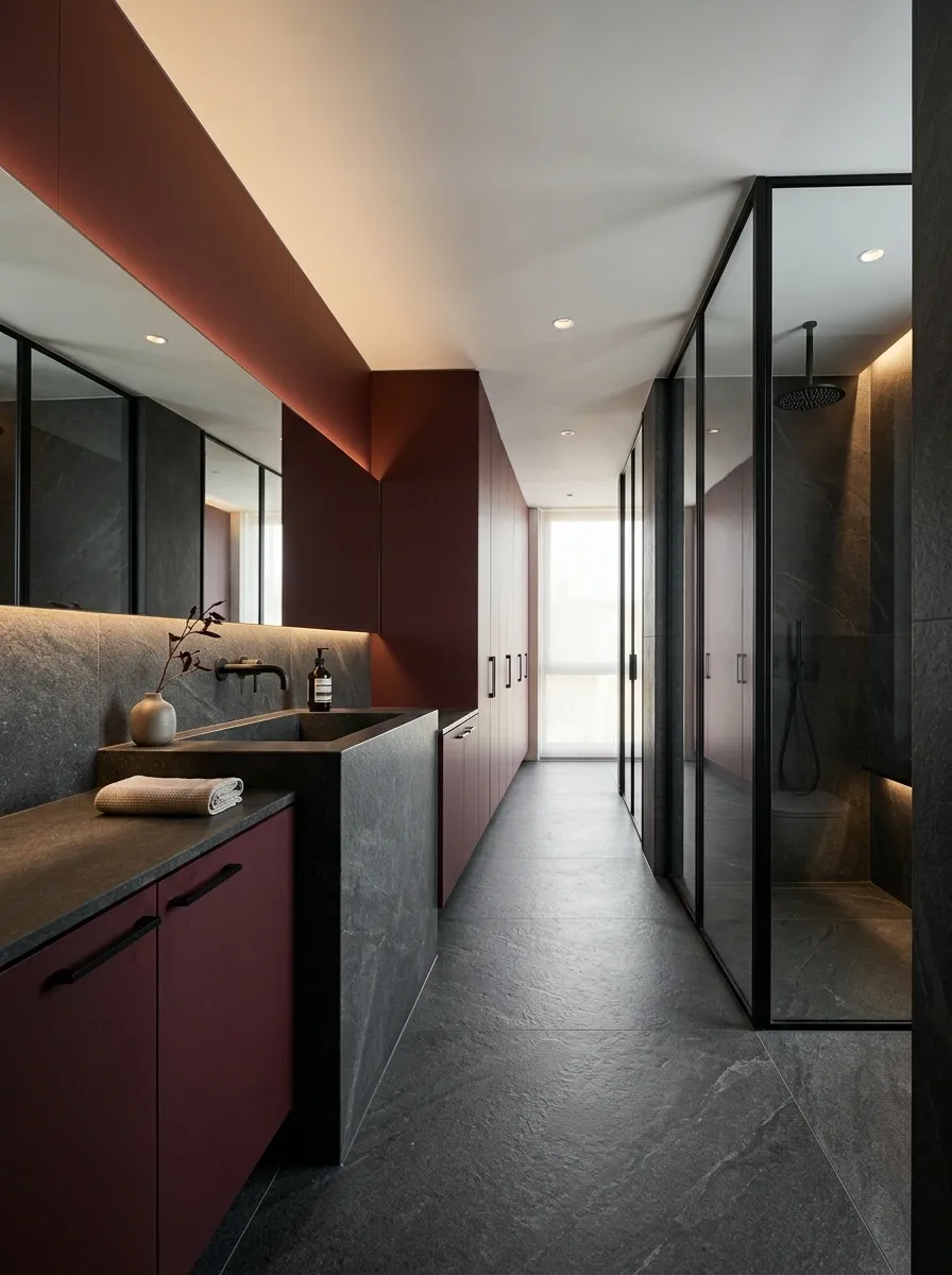Modern Burgundy Bathroom With Charcoal Stone
