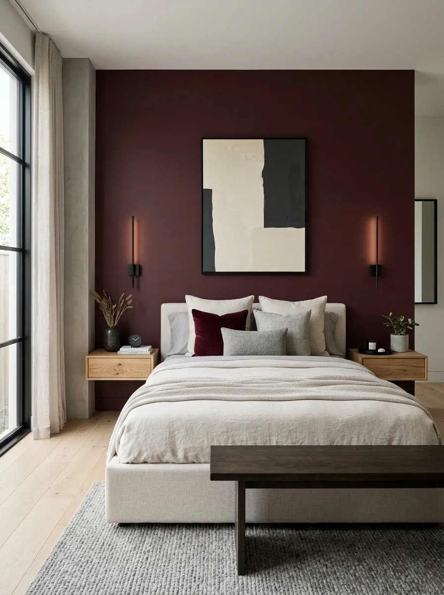 Modern Burgundy Bedroom With Concrete, Oak, and Black Lighting