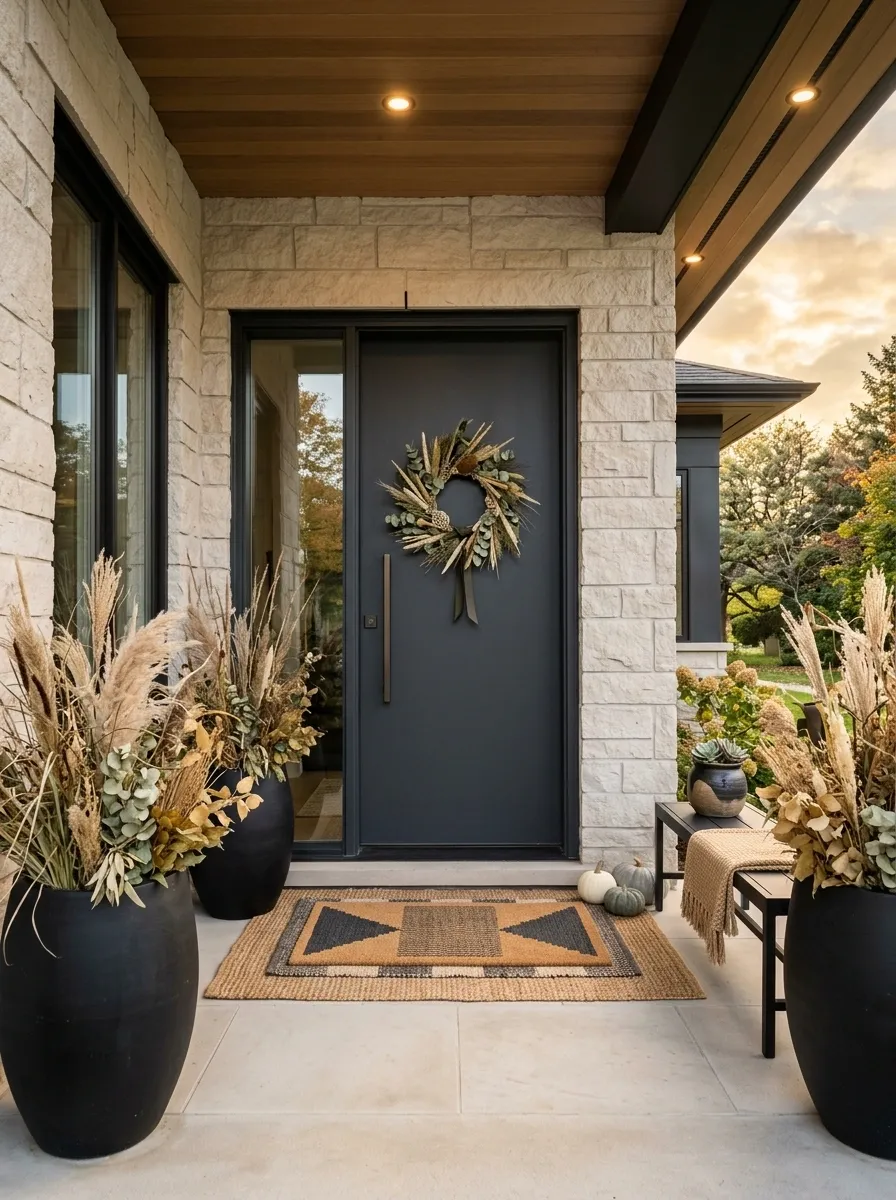 Modern Charcoal Door With Sculptural Dried Grasses