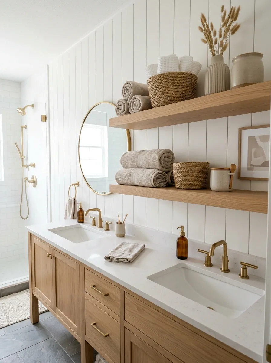 Modern Farmhouse Bathroom With Oak and Woven Storage