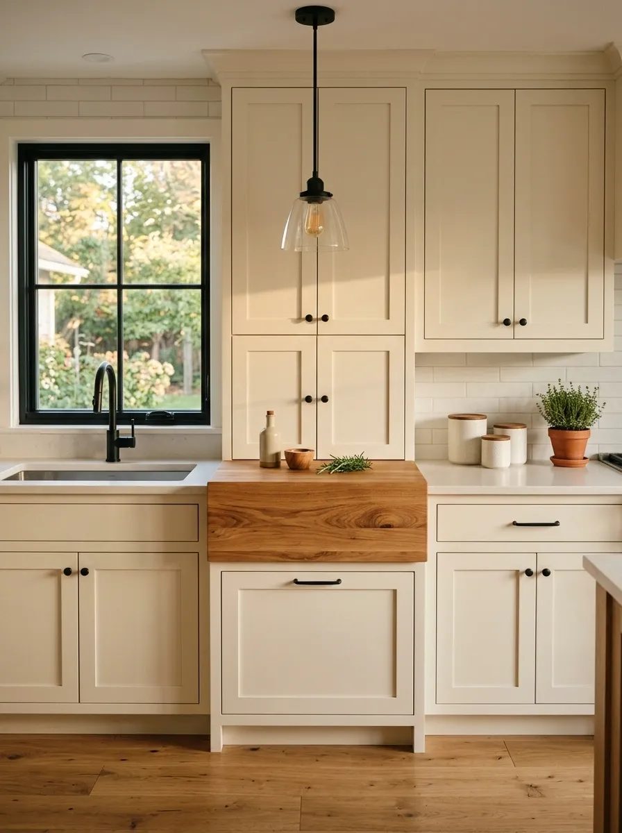 Modern Farmhouse Kitchen With a Compact Wood Prep Counter