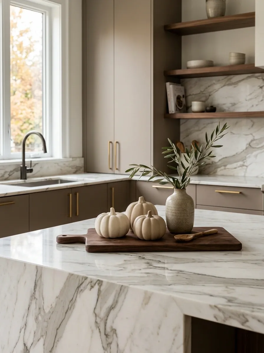 Modern Marble Counter With Sculptural Pumpkins