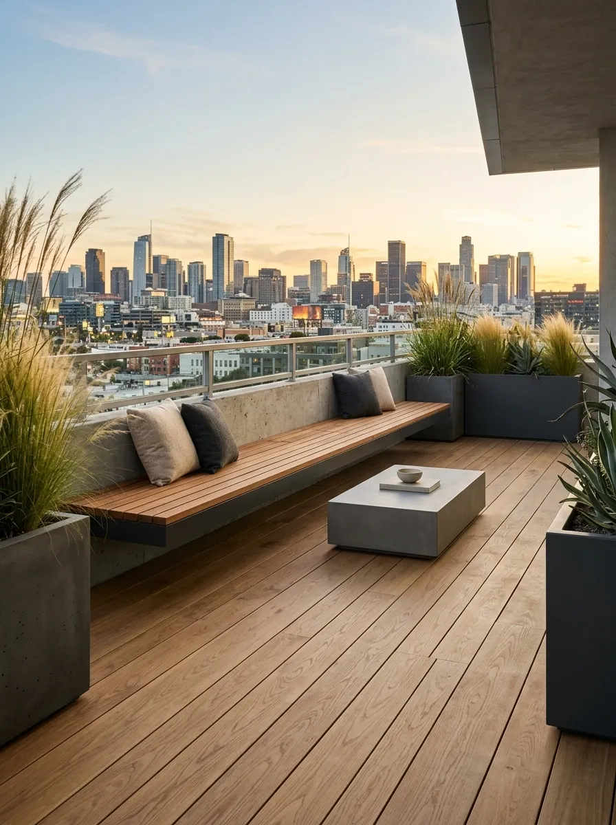 Modern Rooftop With a Floating Bench and Open Center