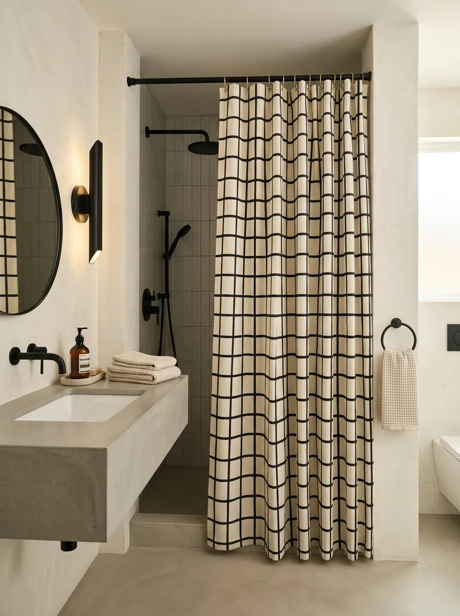 Modern Small Bathroom With Black-and-Cream Grid Curtain