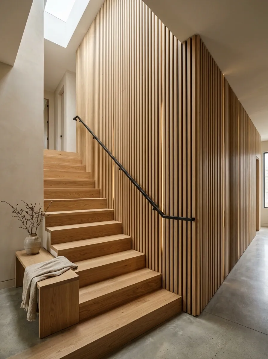 Modern Staircase With Vertical Slat Wall and Oak Steps