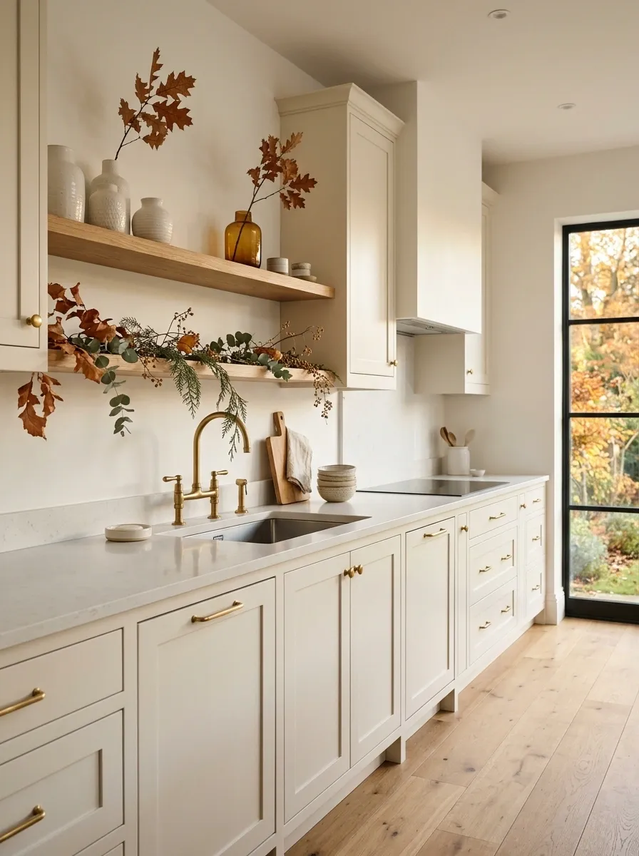 Modern White Kitchen With Sparse Copper Foliage