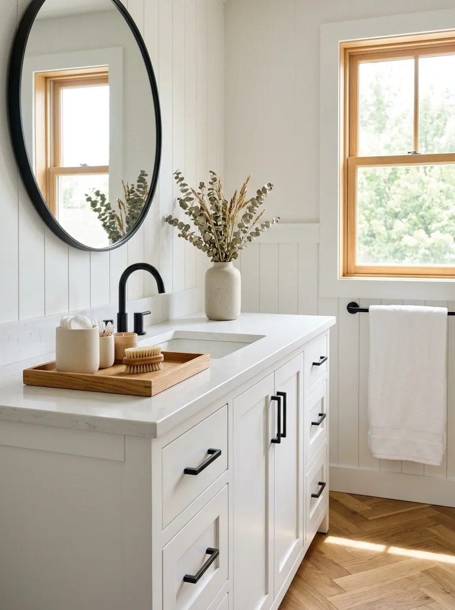 Modern White Vanity With Warm Wood Countertop Accents