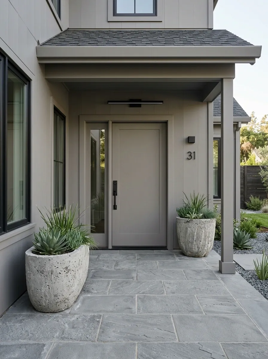Monochrome Gray Entry With Sculptural Planters