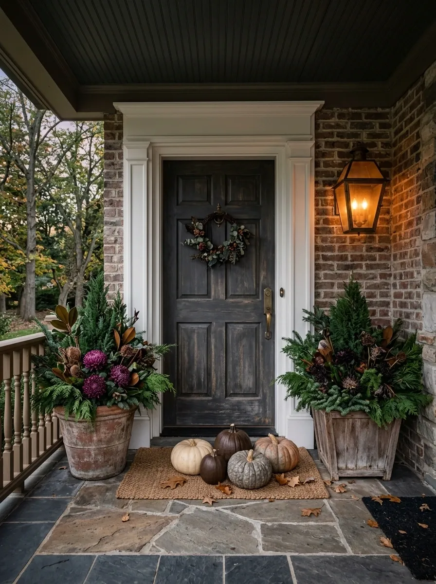 Moody Autumn Entry With Evergreen, Plum, and Weathered Wood
