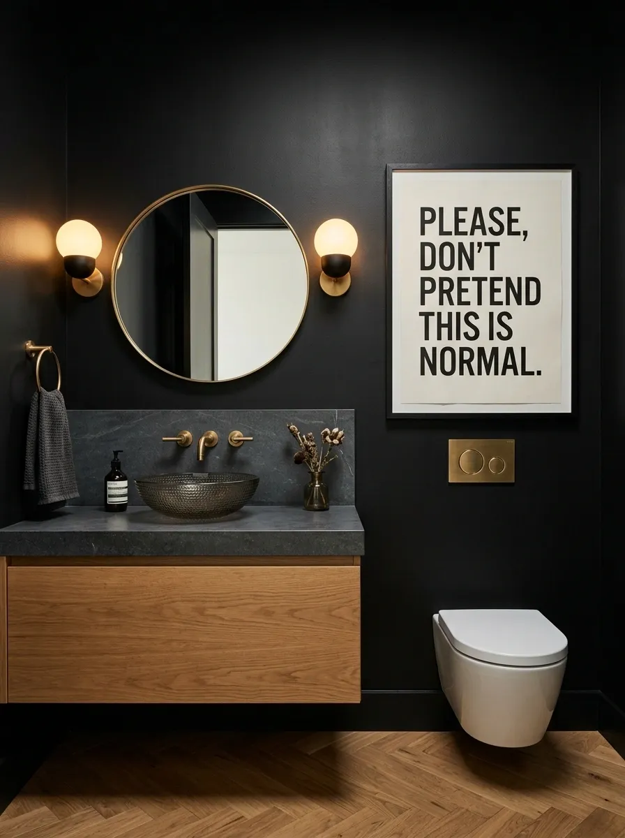 Moody Black Bathroom With Deadpan Art
