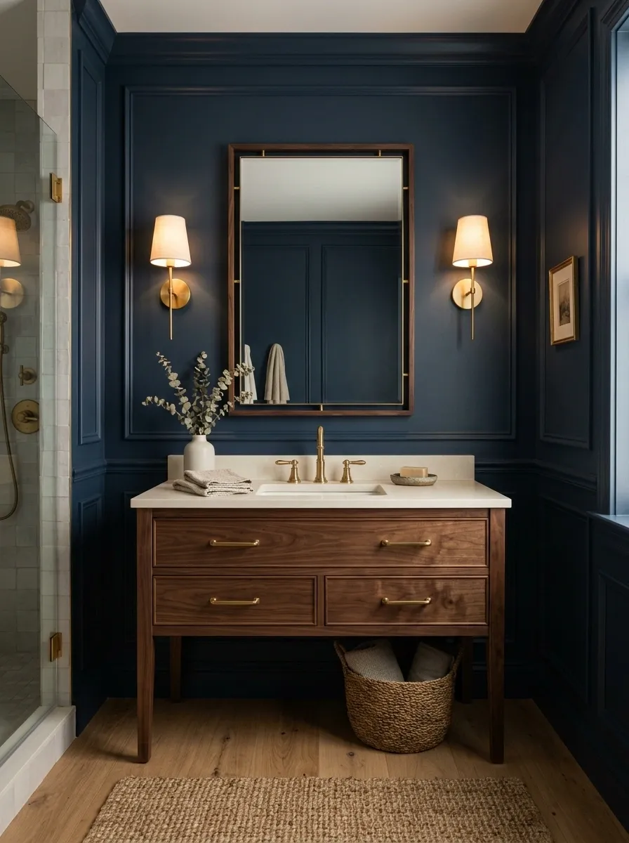 Moody Blue Bathroom With Warm Brass