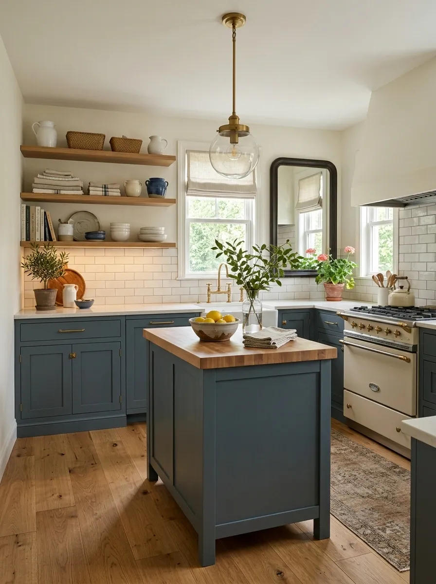 Moody Blue Kitchen With Warm Oak Flooring
