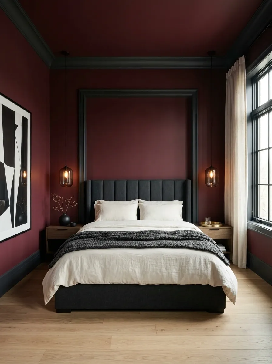 Moody Burgundy Bedroom With Charcoal Architectural Contrast