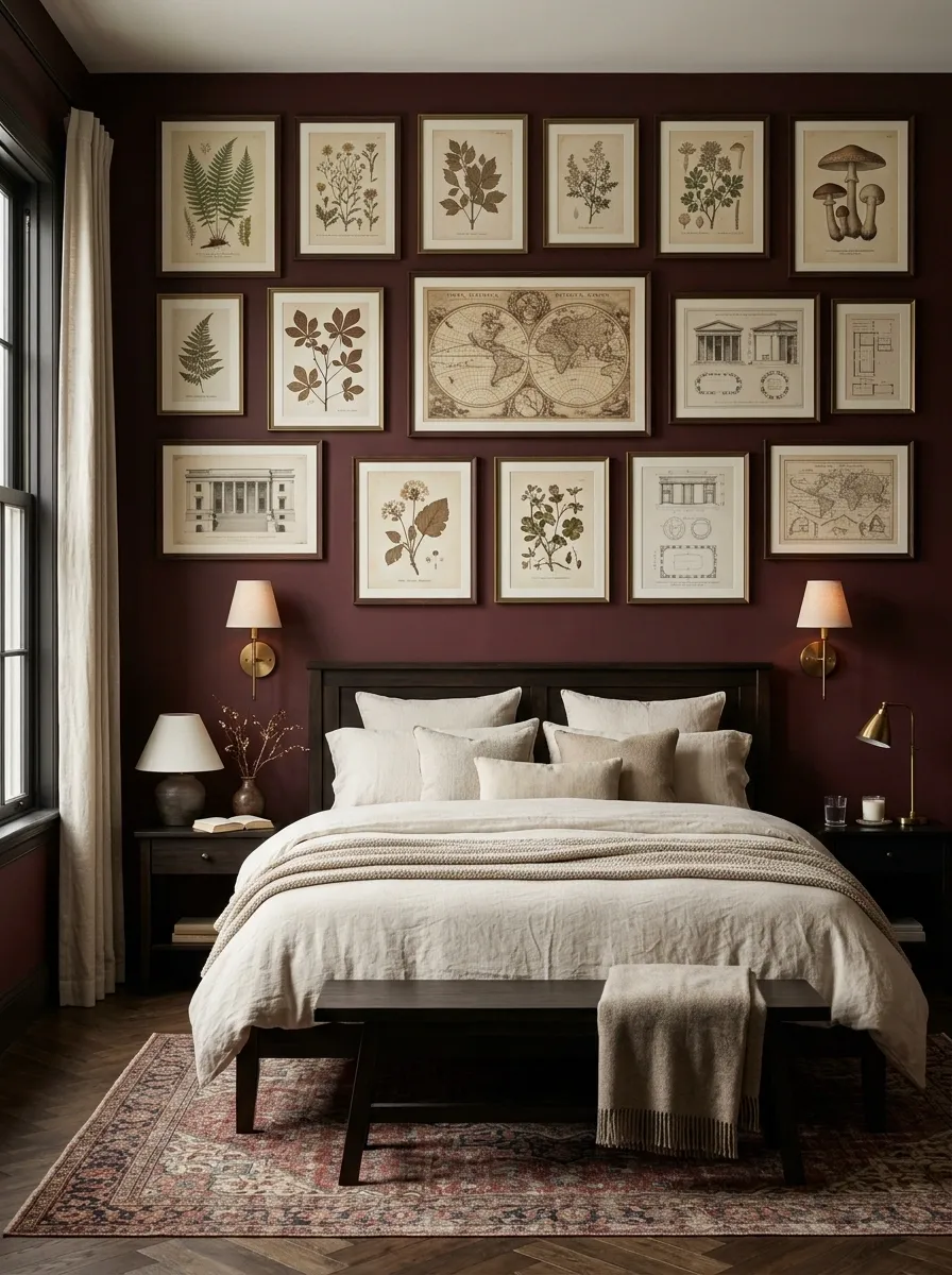 Moody Burgundy Bedroom With Museum-Style Nature Posters