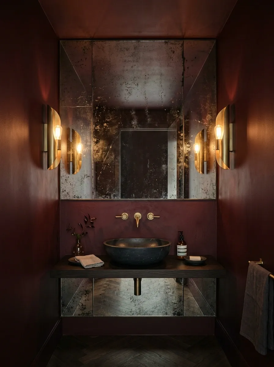 Moody Burgundy Powder Room With Antique Mirror