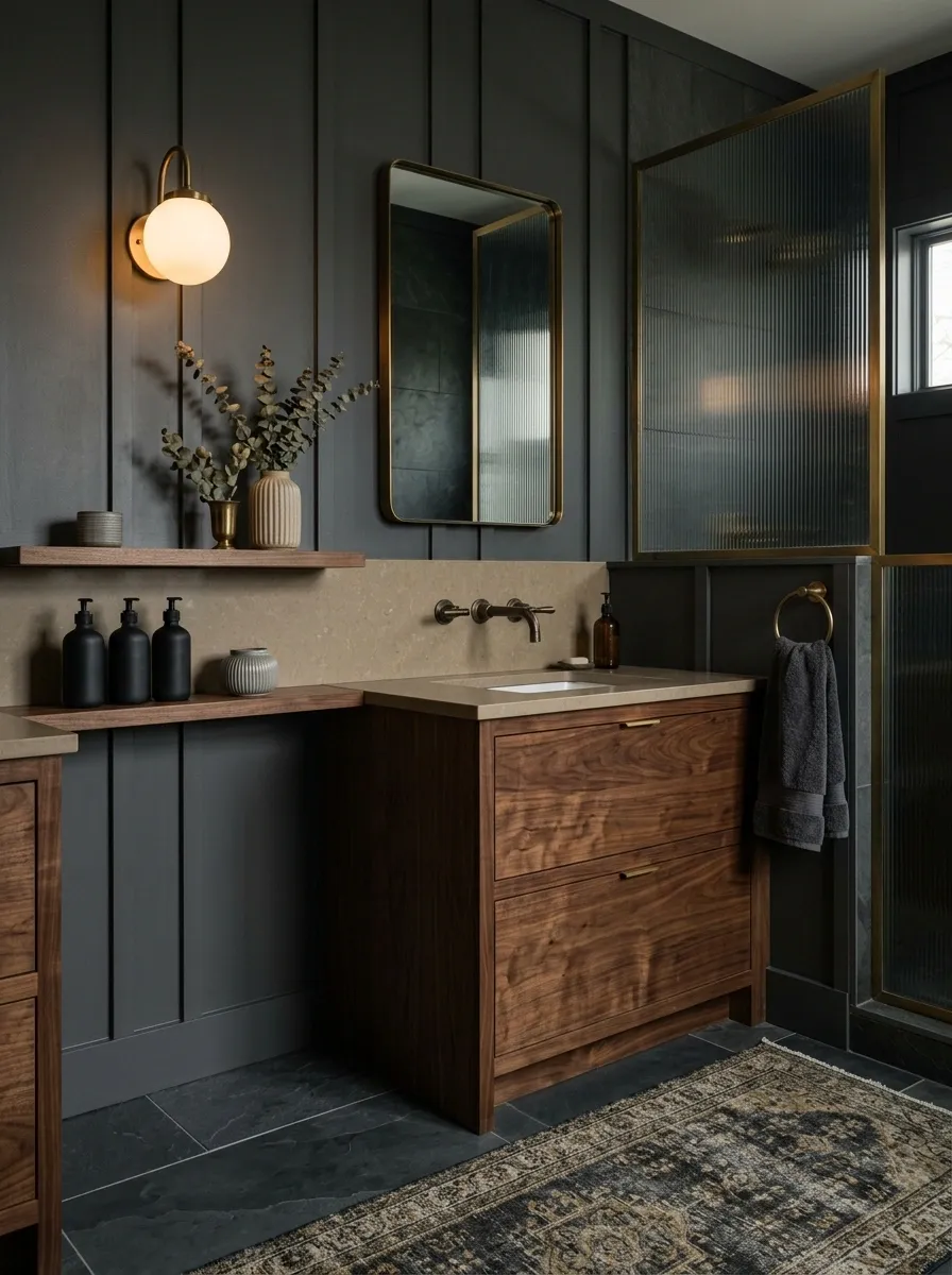 Moody Charcoal Bathroom With Aged Brass Character