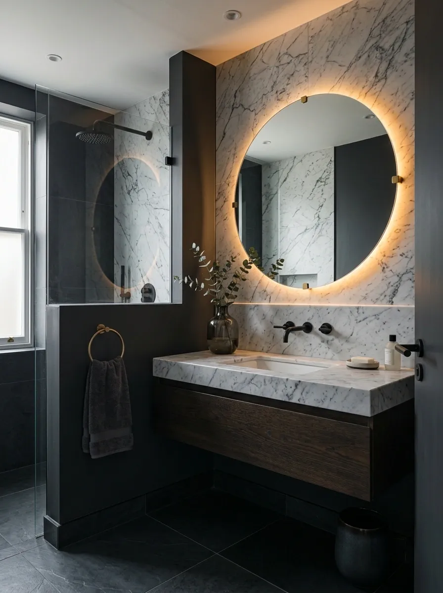 Moody Charcoal Bathroom With Dramatic Marble