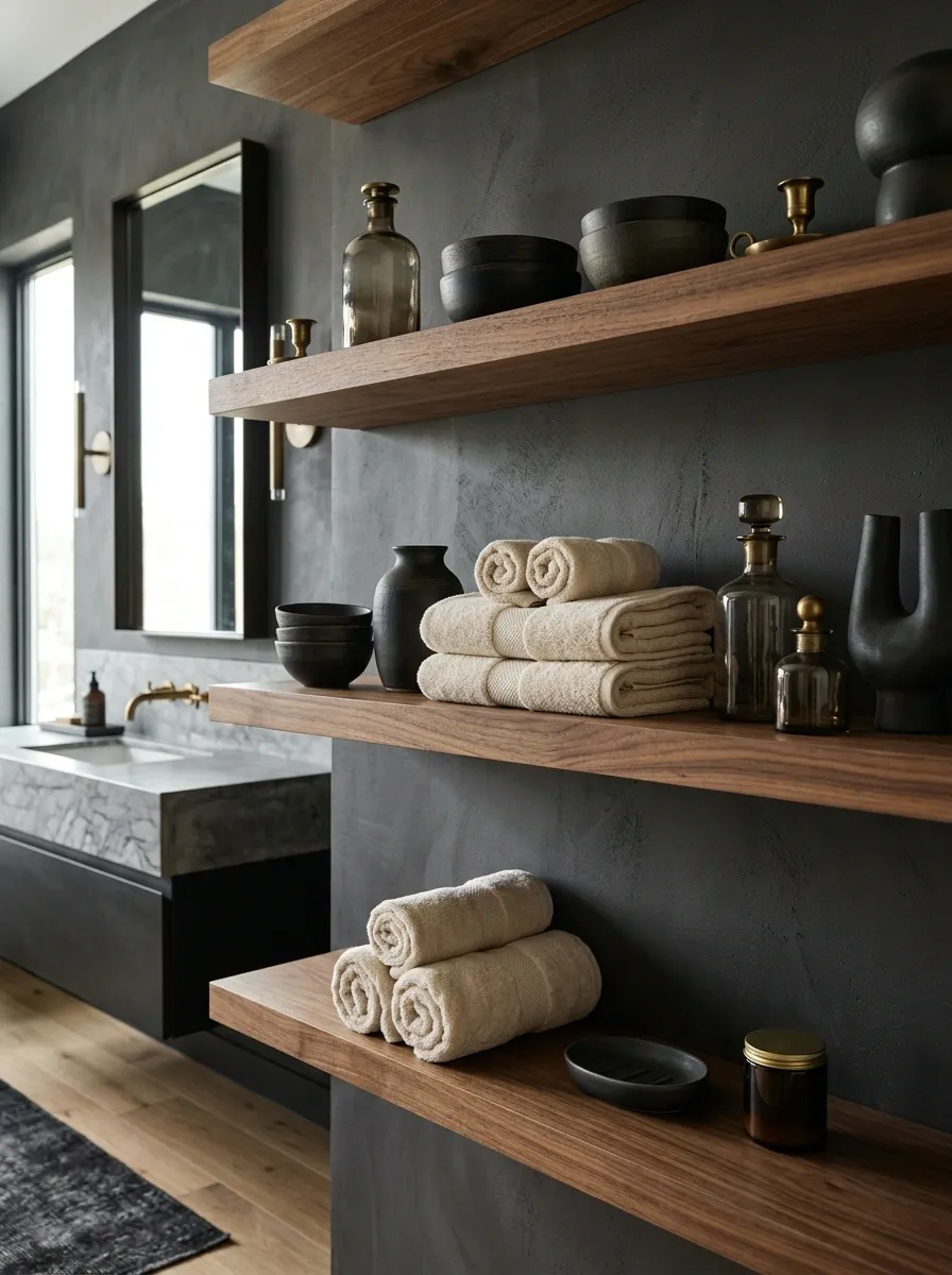 Moody Charcoal Bathroom With Walnut Shelving