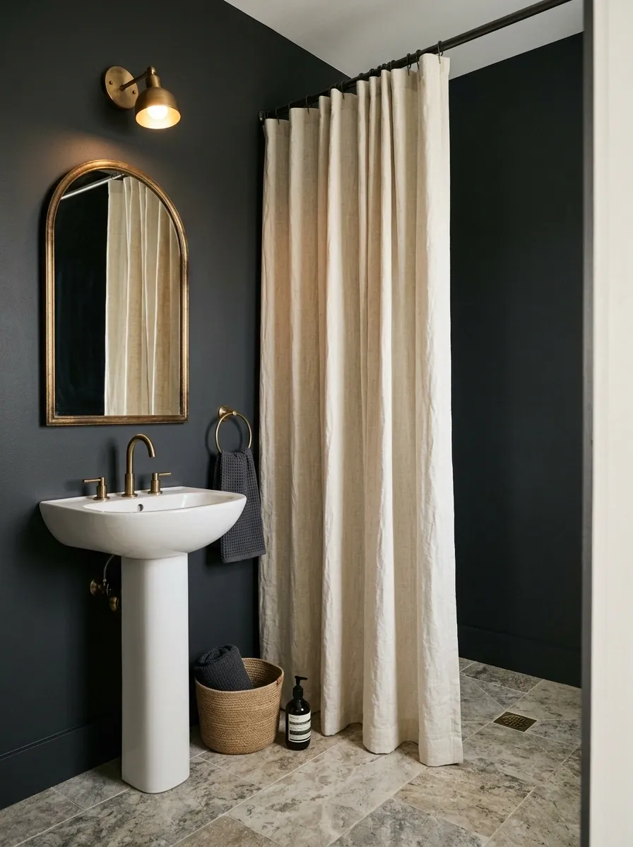 Moody Charcoal Bathroom With Warm Ivory Curtain